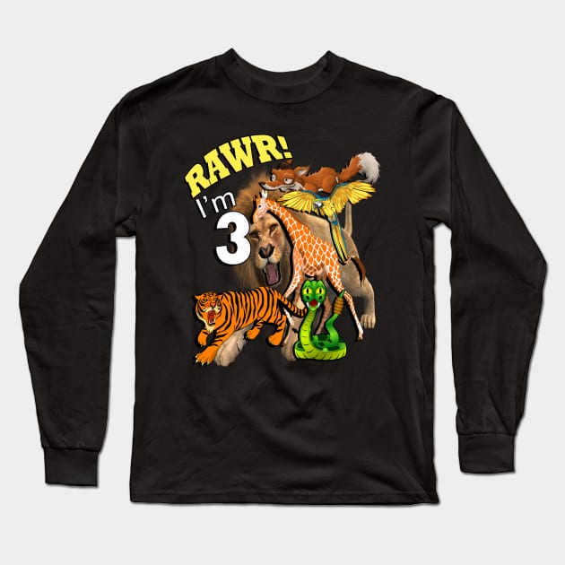 Birthday 3 Year Old Graphic Design Rawr I'm 3 Jungle Safari Long Sleeve T-Shirt by tamdevo1